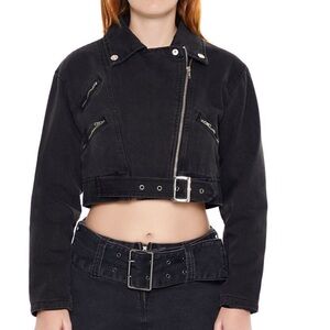 NWT Forever 21 black denim crop moto jacket x small/small